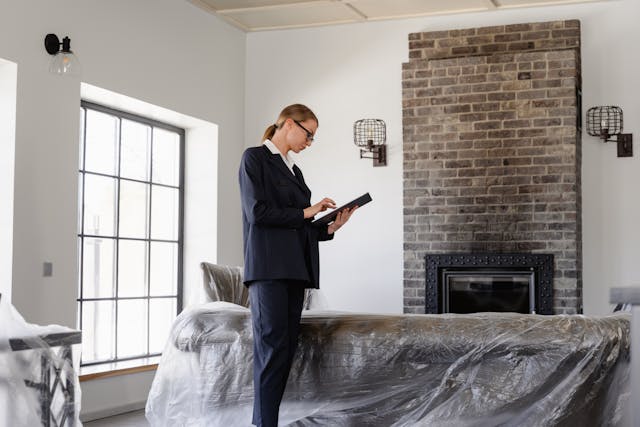 Person standing in a living room with plastice protected furniture